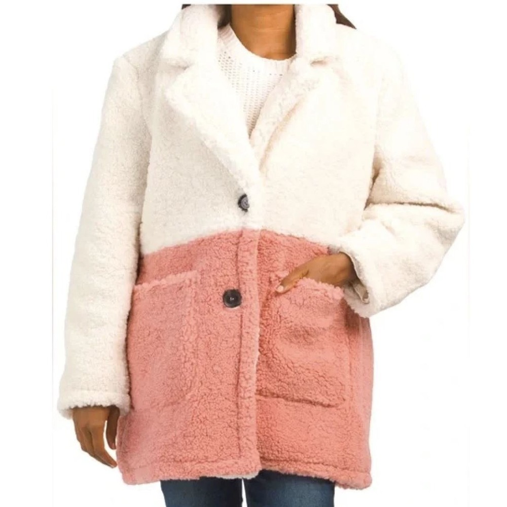 French Connection coat jacket womens M Medium ivory pink colorblock teddy F26788